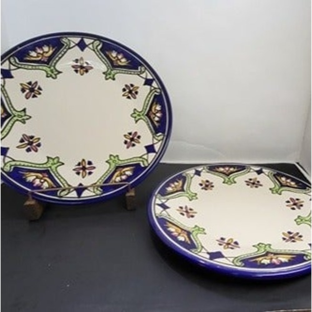 2-Le Souk Ceramique Tunisia Vintage Hand Painted Stoneware Dinner Plates 11"